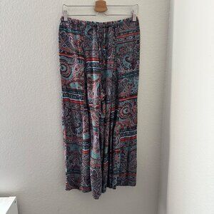Free People Intimately Wide Leg Flowy Pants Bohemian Blue Paisley Rayon Sz S